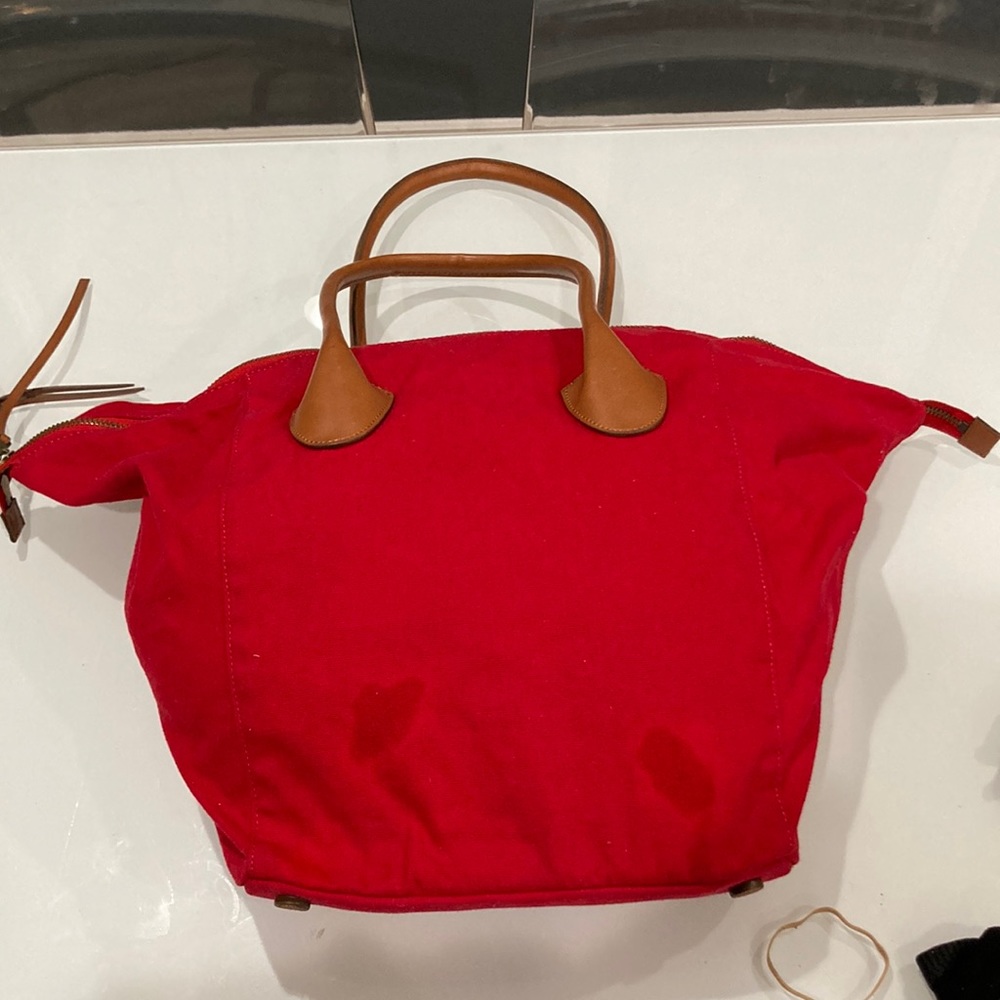 Linea Pelle Large Red Canvas & Brown Leather Tote